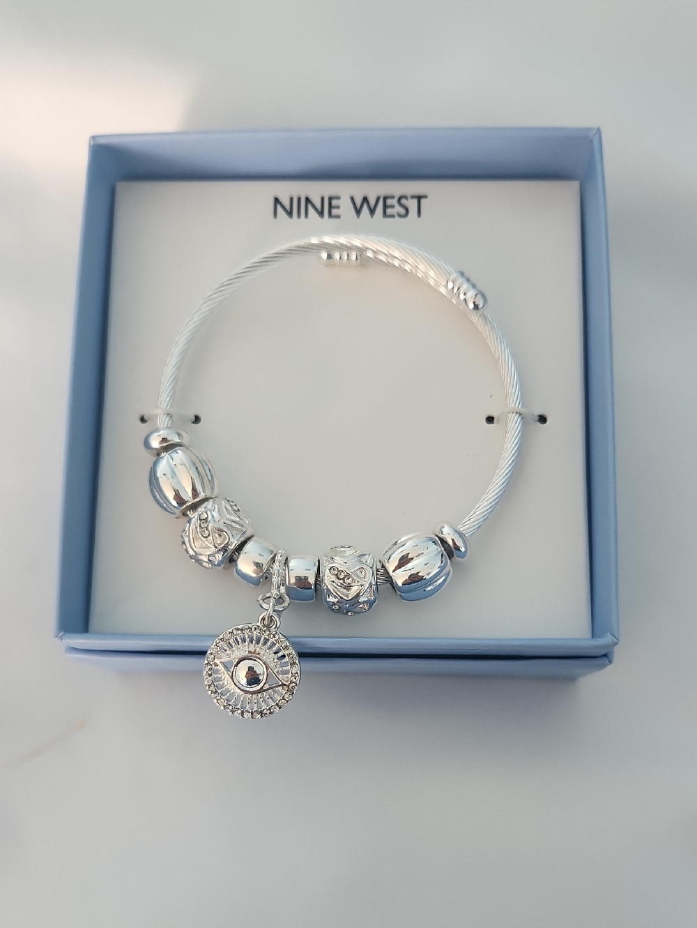 New In Box Nine West Silver Beaded Charm Bangle Bracelet